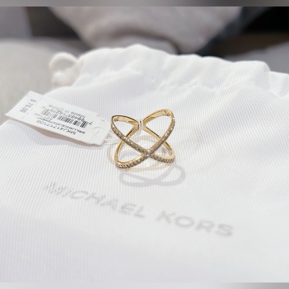 Michael Kors Gold Tone Steel Criss-Cross Clear Pave Crystal Ring - Picture 11 of 12